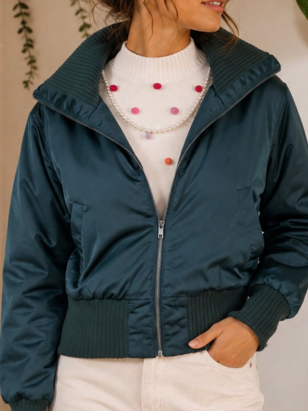 Women’s Satin Bomber Jacket Deep Teal Green Ribbed Collar Cropped Aviator Quiet